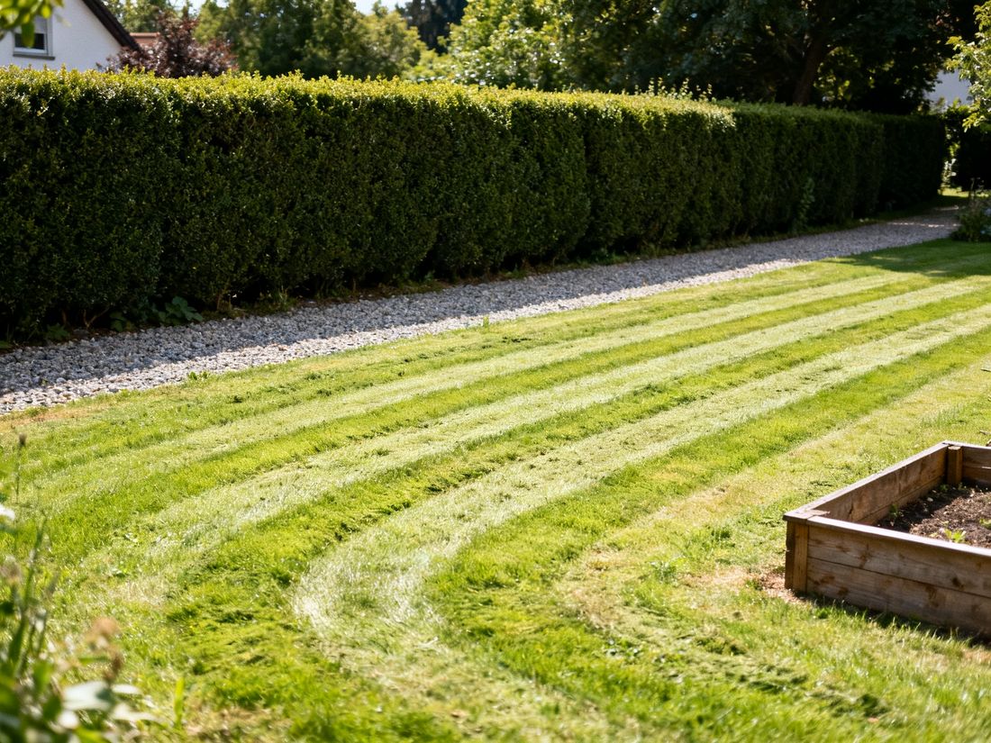 Gepflegter Hausgarten mit frisch gemähtem Rasen und geschnittener Hecke
