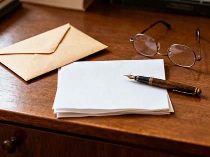 Versiegelter Umschlag und gefaltetes Schriftstück neben einer Lesebrille